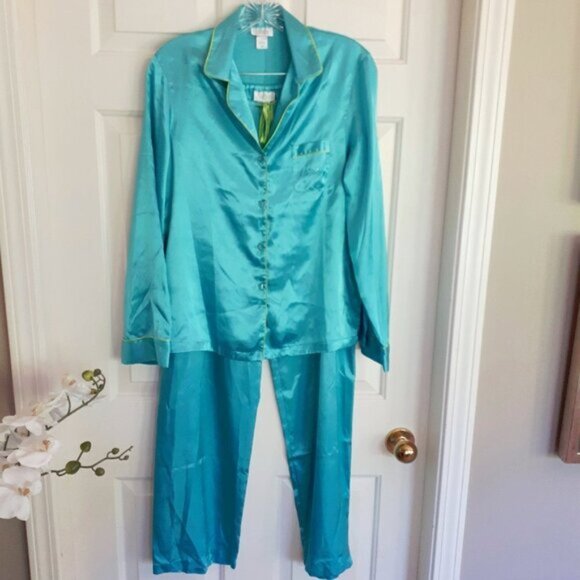 La Senza blue & lime green satin-like pajama long sleeve top & pants set S - Picture 2 of 10